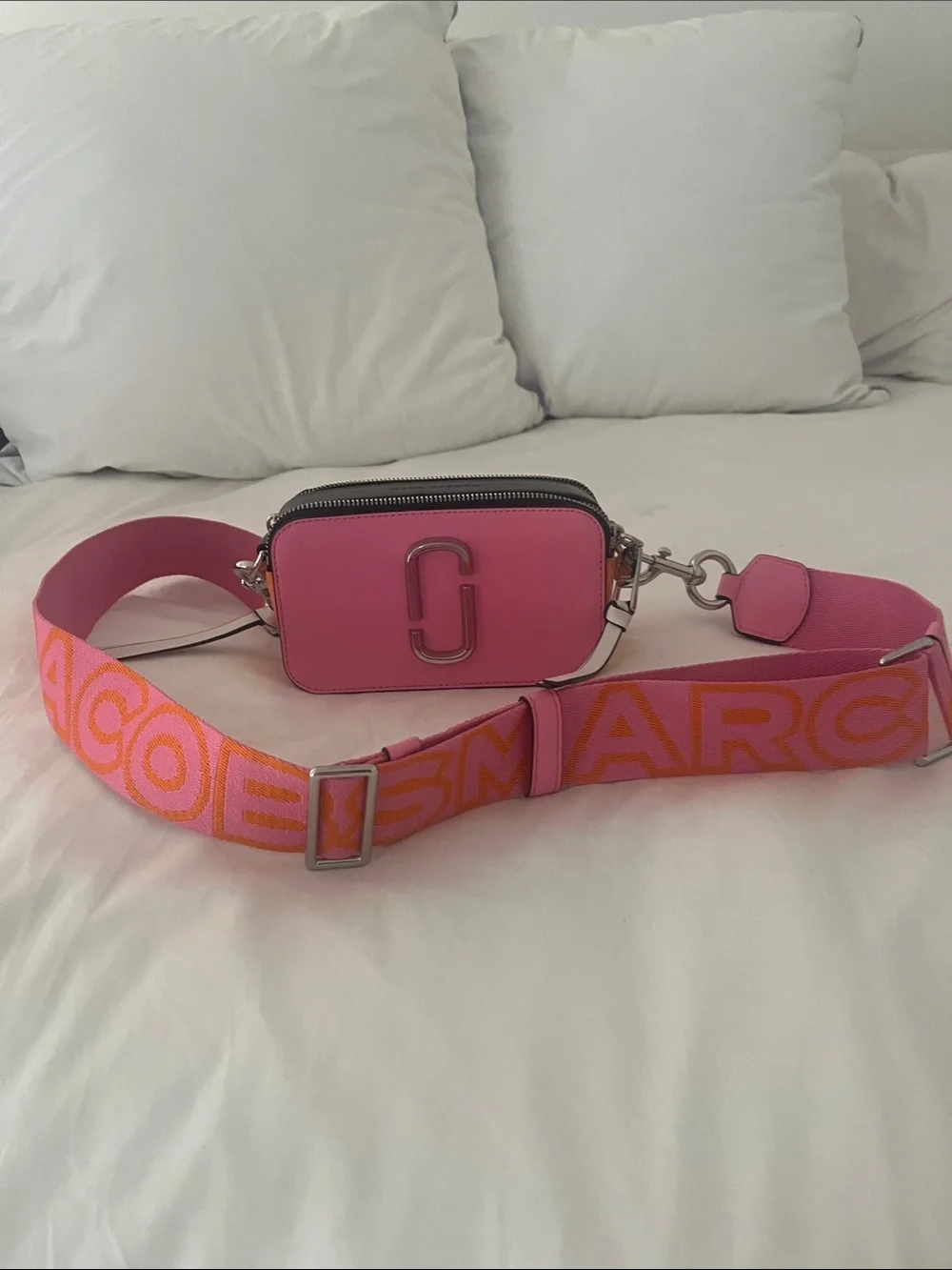 Marc Jacobs Pink Leather Snapshot with Pink & Orange Logo Strap